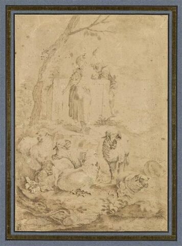 Berger et bergère conversant au bord d'un puits, près de leurs moutons, image 1/2