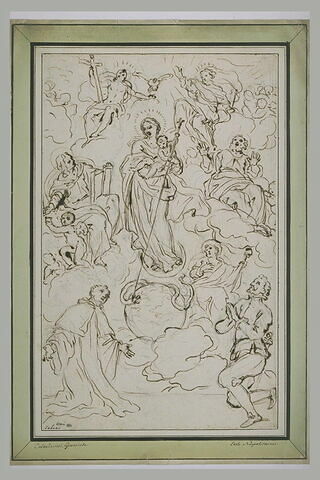 Vierge à l'Enfant, debout sur un croissant, adorés par des saints