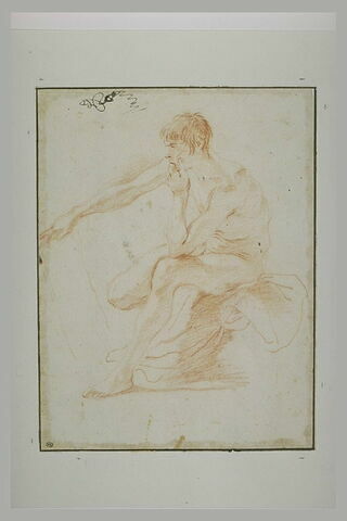 Un homme nu assis, étendant le bras droit, accoudé sur le genou gauche