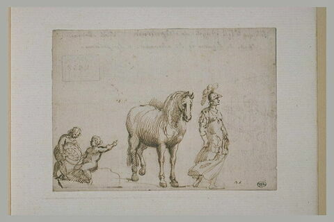 Etude d'un cheval, d'une Bellone et de deux enfants tenant une roue