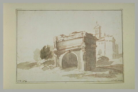 Vue d'un arc de triomphe et de deux tours à l'entrée d'une ville, image 1/1