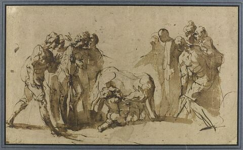 Romulus et Rémus allaités par la louve, sous le regard de nombreuses figures