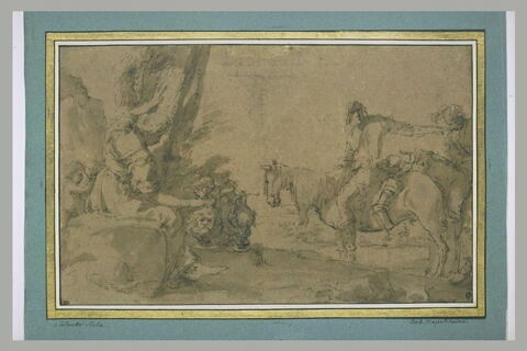 Deux cavaliers épuisés, se présentant à une femme, gardant des vases ornés, image 1/1