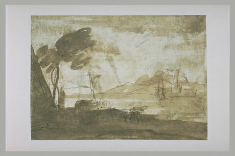 Débarquement de chevaux sur une grève, avec un port au loin, image 1/1