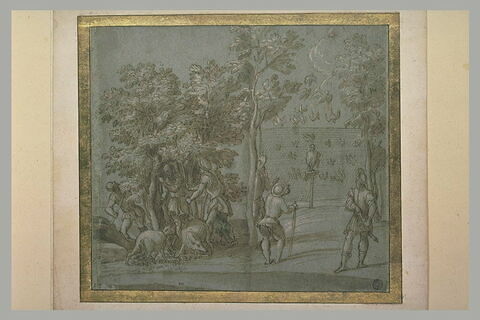 Une chasse à l'oiseau et six hommes et des pourceaux sous des chênes, image 2/2