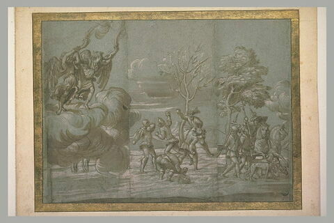 Deux anges ; scène d'hiver ; deux cavaliers et deux hommes armés