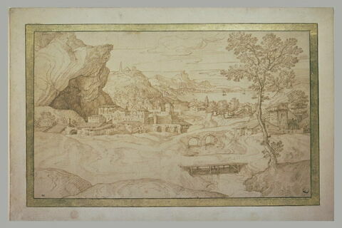 Paysage, au bord d'un lac, avec une rivière traversée par deux ponts, image 1/1