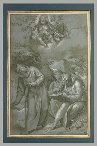La Vierge et l'Enfant Jésus apparaissent à saint François, et deux moines