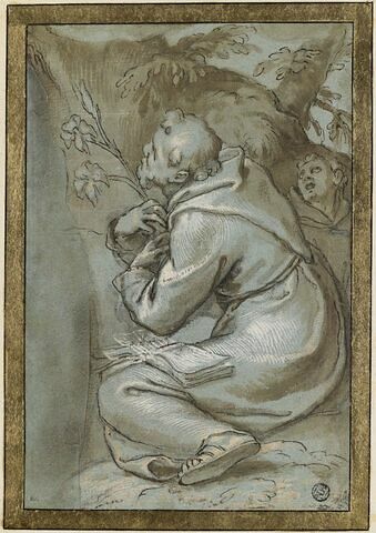 Saint Antoine de Padoue, assis à terre, un livre sur les genoux