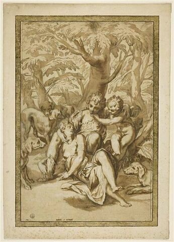 Vénus et Adonis, entourés de quatre chiens et de l'Amour
