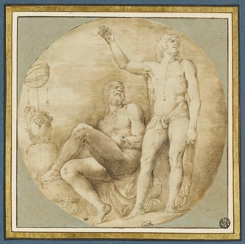 Hercule, debout près d'un homme nu, assis, enchainé