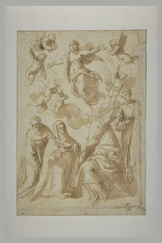 Une sainte, un évêque et deux moines avec la Vierge en gloire