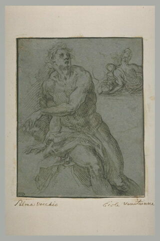 Homme nu, assis, de face, et femme de dos tenant un enfant dans ses bras, image 1/1