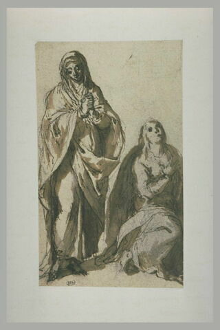 Deux femmes, l'une à genoux, l'autre debout en prière, image 2/2