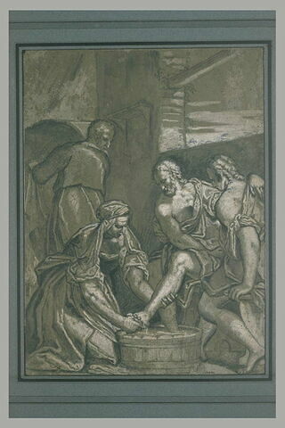 Une femme lave les pieds d'un homme assis, et deux autres figures