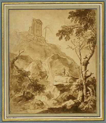 Ruines et cascade, et deux figures sur un rocher