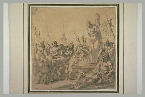 Martyre d'une sainte attachée à un poteau et groupe de soldat à gauche