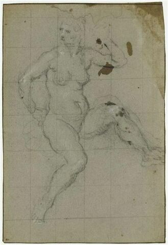 Une femme nue assise, le corps tourné vers la droite, la tête vers la gauche