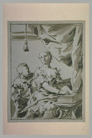 Femme jouant du clavecin et domestique apportant un verre d'eau