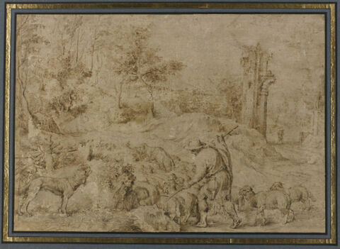 Un berger conduisant un troupeau de moutons, dans un paysage avec des ruines, image 1/2