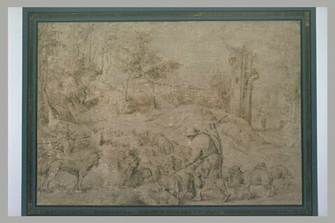Un berger conduisant un troupeau de moutons, dans un paysage avec des ruines, image 2/2