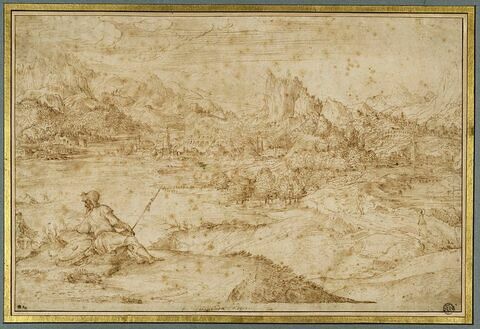 Paysage montagneux avec une ville au bord d'un fleuve et un soldat au repos