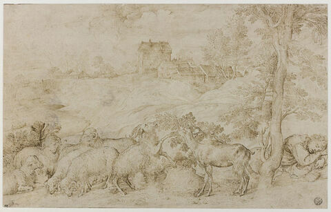 Paysage avec un berger endormi près de son troupeau, avec un village au loin