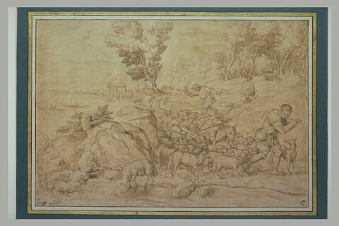 Un berger jouant de la flûte menant son troupeau, avec deux autres bergers, image 2/2