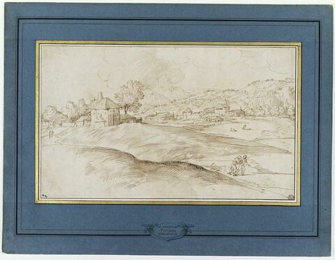 Hameau près d'une rivière, au pied de collines, avec deux personnages, image 2/3