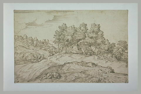 Paysage avec un hameau dans un bois, et un homme allongé, dormant, image 1/1