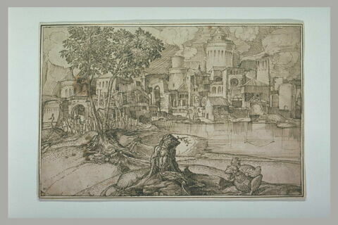 Vue d'une ville avec des fabriques, près d'une rivière, avec une chimère, image 1/1