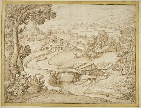 Vaste paysage boisé en bord de mer, avec un joueur de violon, image 1/2
