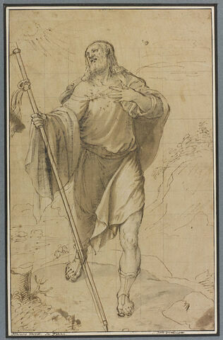 Saint Jacques Majeur debout de trois quarts, une main sur la poitrine