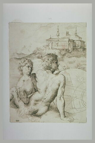 Deux faunes assis dans un paysage, tenant une carte du ciel, image 1/1