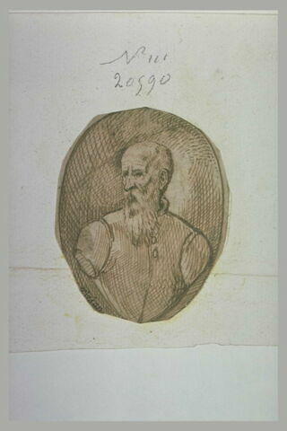 Buste d'homme chauve, barbu, regardant vers la gauche, image 1/1