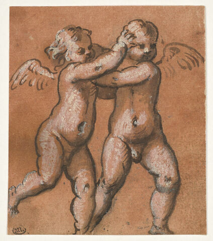 Deux amours debout, se prenant par les cheveux, image 1/3