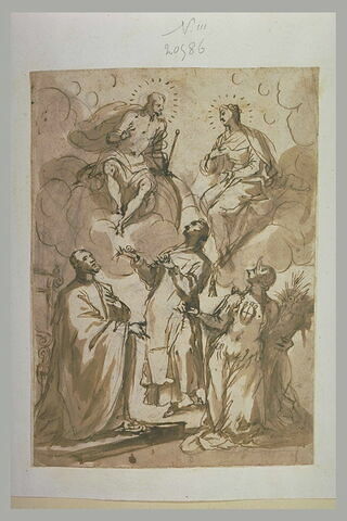 Trois figures adorant la Vierge et le Christ assis sur des nuages