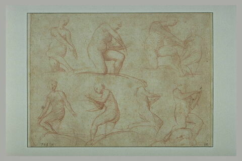 Huit figures nues dans différentes postures, sur deux registres