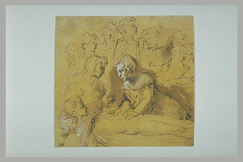 Un homme et une femme au chevet d'un jeune malade devant sept autres figures, image 2/2