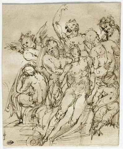 Groupe de figures nues avec une figure ailée ; chapiteau ionique, image 1/2