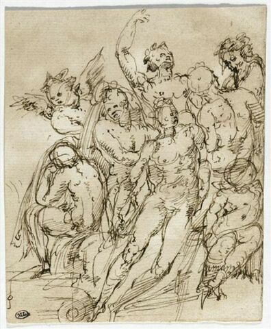 Groupe de figures nues avec une figure ailée ; chapiteau ionique, image 1/2