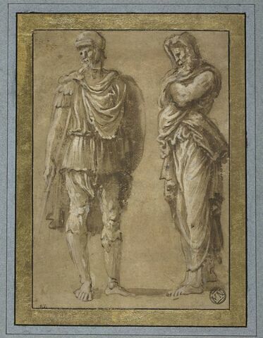Guerrier romain, de face ; homme debout, drapé, de profil vers la gauche