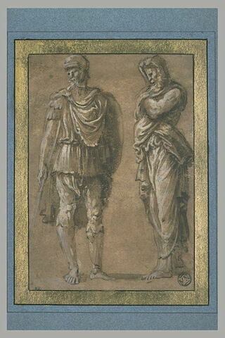 Guerrier romain, de face ; homme debout, drapé, de profil vers la gauche, image 2/2