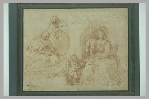 Une Sainte Famille, et femme assise à côté d'un enfant
