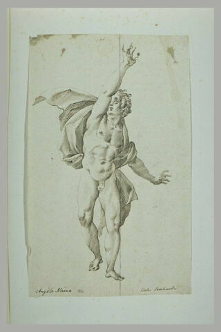 Homme nu, debout, levant le bras droit, une draperie sur les épaules, image 1/1