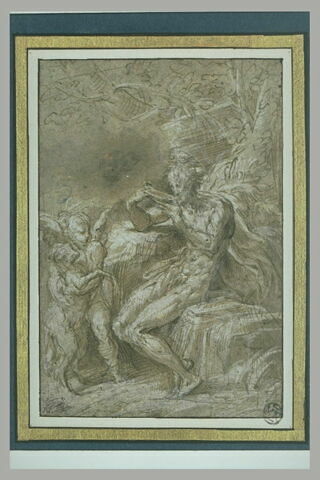 Saint Jean-Baptiste assis dans le désert, tourné vers la gauche devant un ange tenant l'agneau, image 2/2