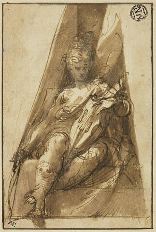 Femme assise, de face, dans un écoinçon, tenant un arc et un violon