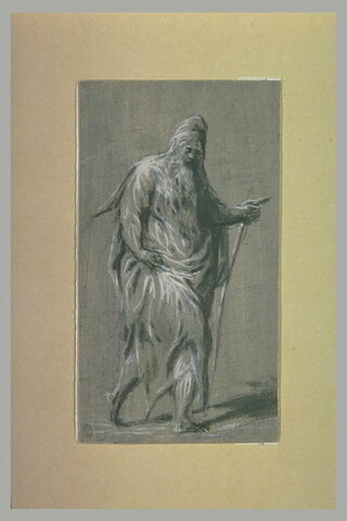Vieillard, debout, appuyé sur un bâton, se dirigeant vers la droite