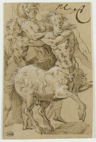 Un centaure et un homme enlevant une femme se débattant