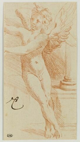 Un ange assis au pied d'une colonne, tendant les bras vers la gauche, image 1/2